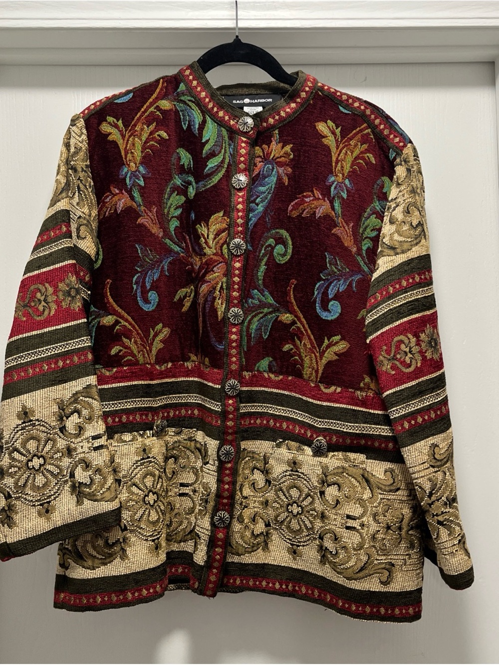 Sag Harbor Women's Vintage 90s Burgundy Floral Tapestry Button Front Jacket 16